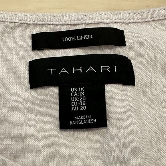 Tahari 1X Top Tunic Linen Button Down Long Sleeve Roll Tab Taupe Coastal Lagum - Picture 5 of 8